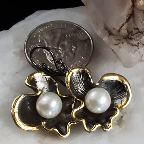Solid Sterling Silver 925/18K Gold/Black Rhodium Large Freshwater Pearl - Picture 4 of 9